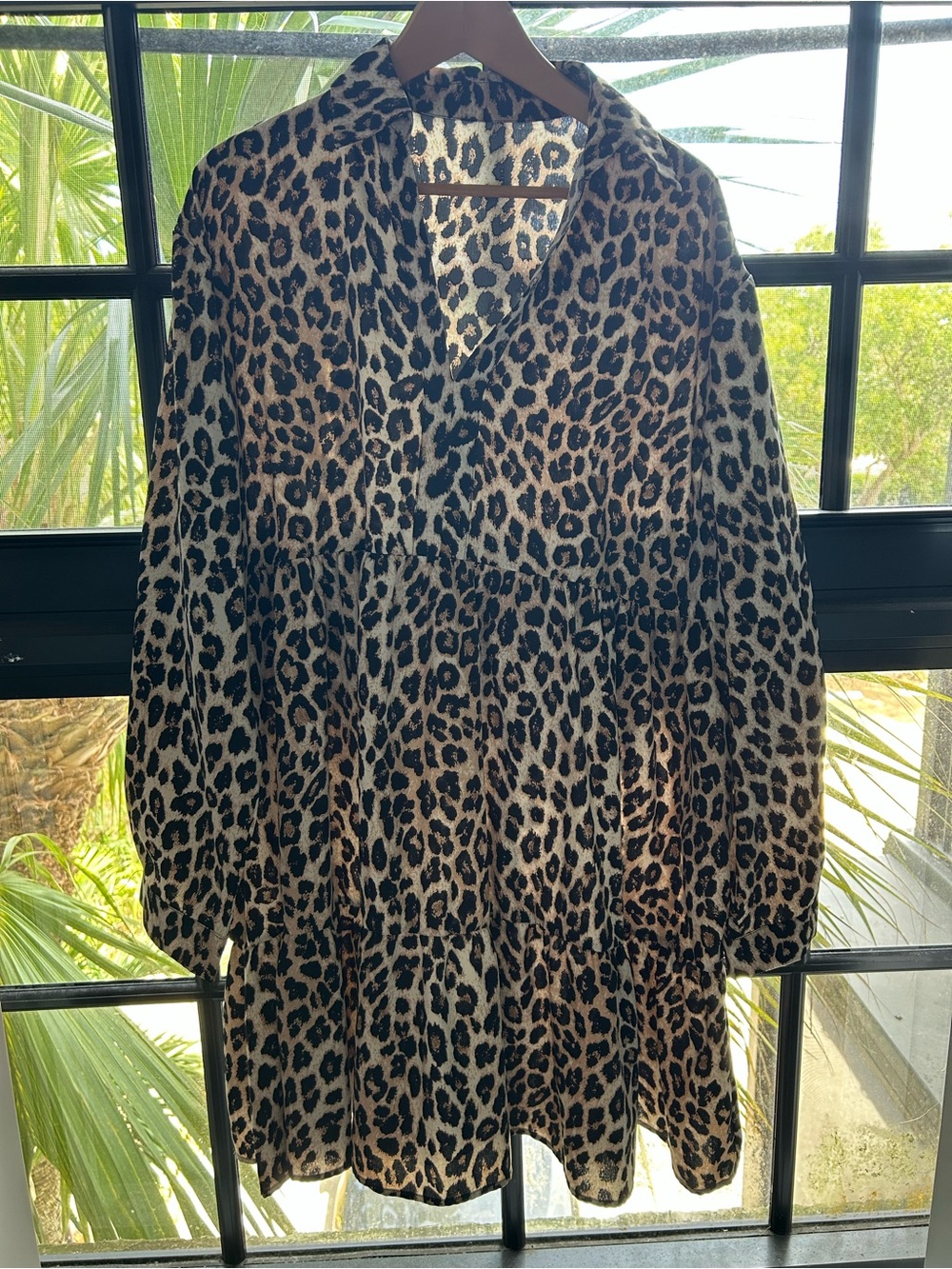 Leopard Print Tiered Long Sleeve Mini Dress - Black & Tan